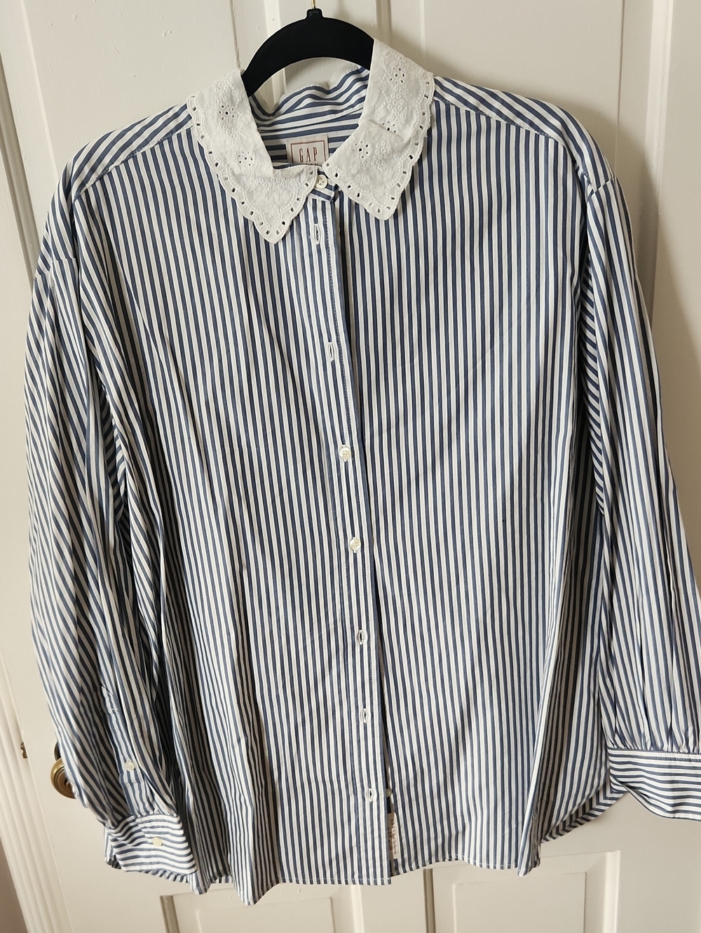 GAP Doen Women’s Navy and White Striped Button-Down Shirt with Eyelet Collar